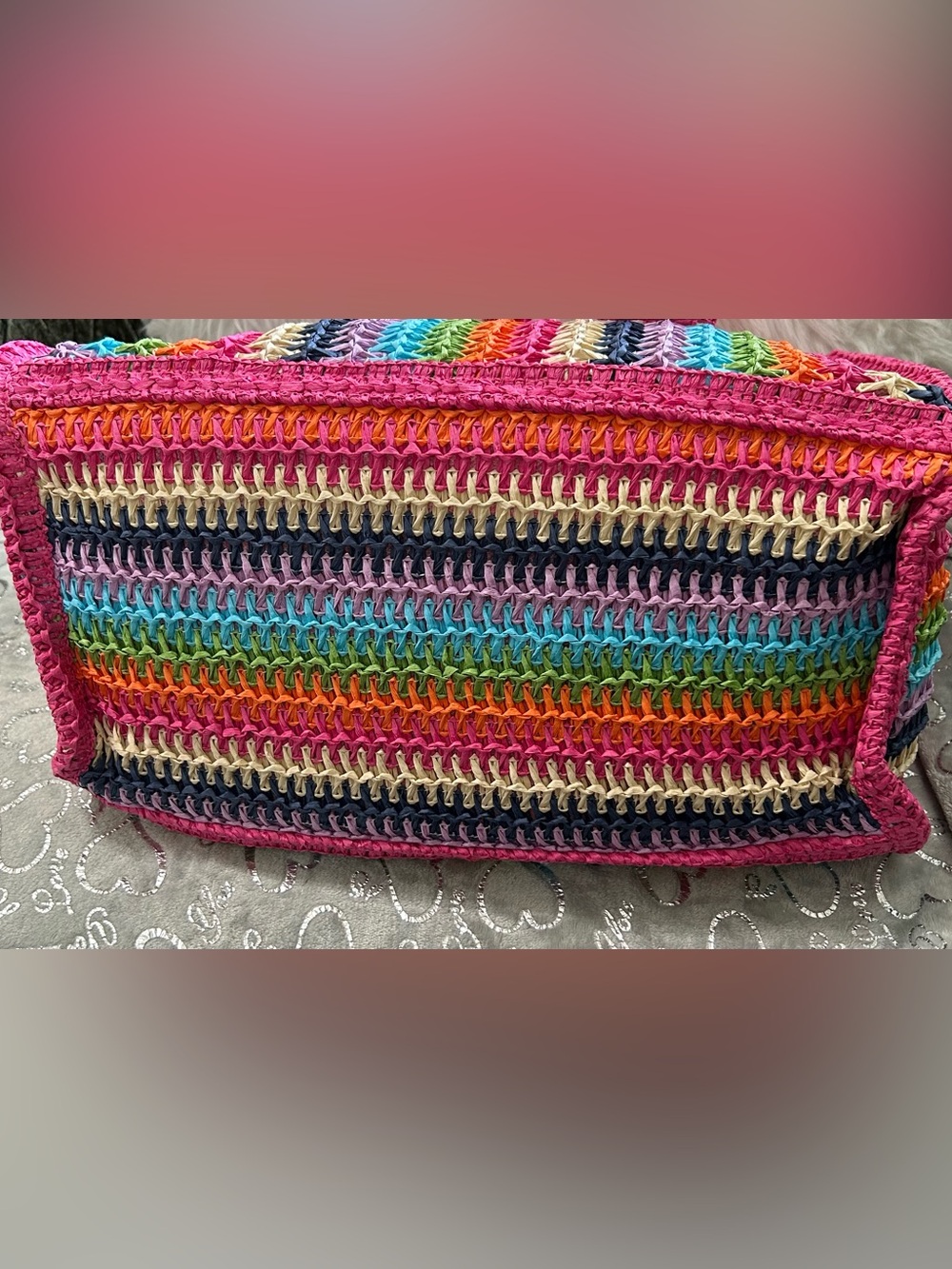 NWT Urban Expression, Lg, Pink Multicolor, Candi Hand-woven Crochet Beach Tote - Picture 2 of 7